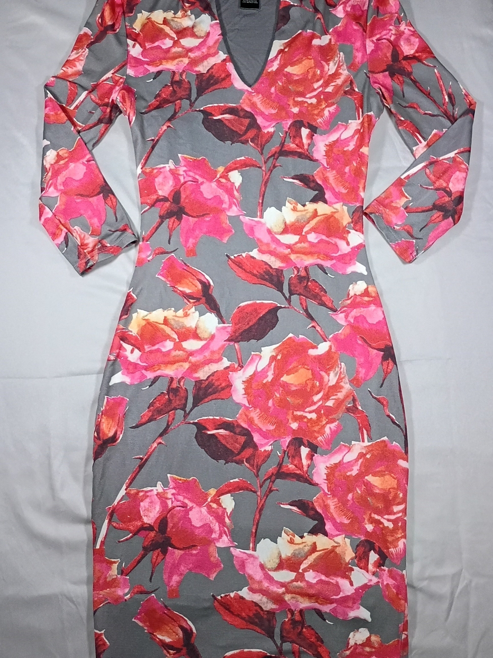 Joe & Elle Gray V-Neck Dress with Pink and Coral Floral Print